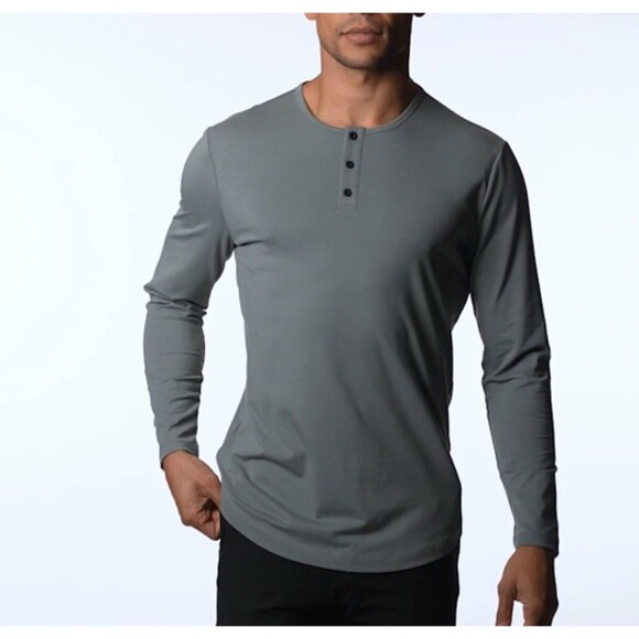 Cuts Shirt Mens Large Gray Blue Sage Henley Long Sleeve Curve Hem PYCA PRO - Picture 1 of 5